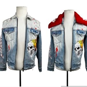 Rockstar Men's Denim Jacket with Removable Collar & Skull Design on front Jacket